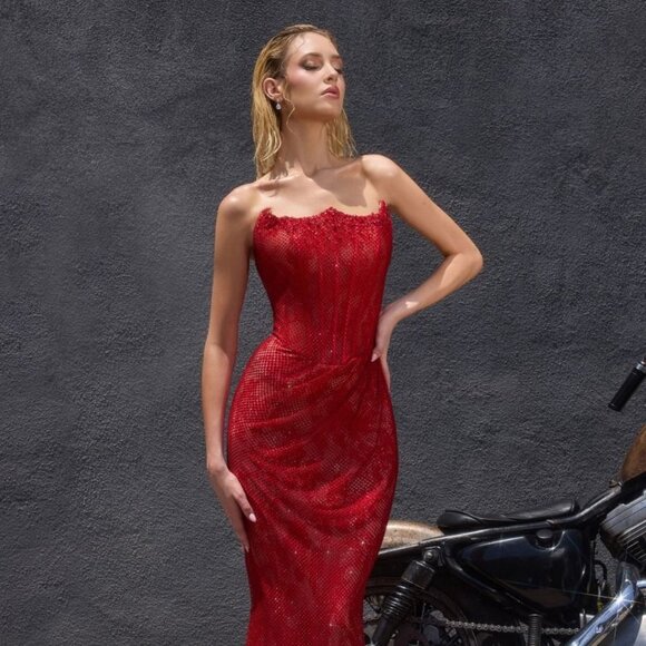 New Strapless Mermaid Long Gala Mesh Dress w/ Glitter & Lace Embroidery CD CB162 - Picture 1 of 8